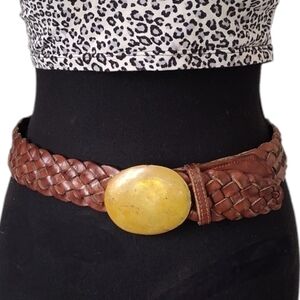 Vintage Brown Braided Belt with Brass  Oval Buckle